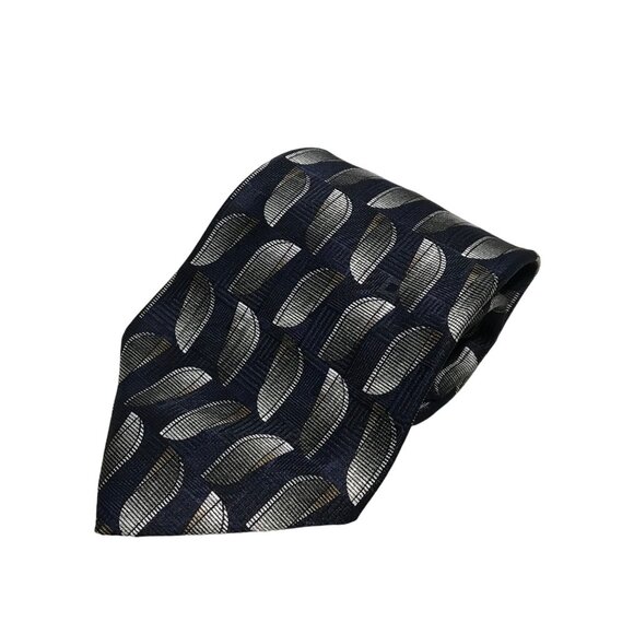 Bill Blass Black Label Mens Tie NBlue & Silver Geometric Leaf Pattern 100% Silk - Picture 1 of 3